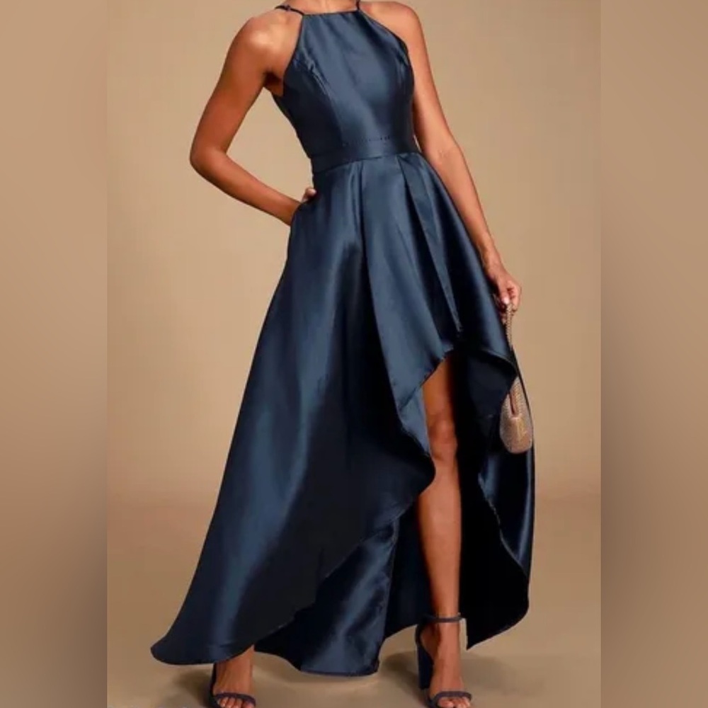 Lulus Broadway Show Navy Blue High-Low Maxi Dress Small